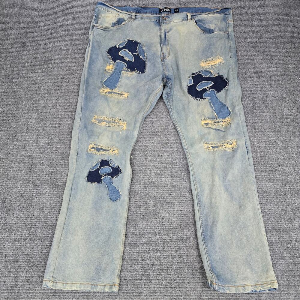 AHP Another Hype Piece Mushroom Patch Jeans Mens 48x33 Light Wash Distressed Y2K